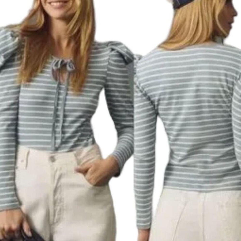 Anthropologie Blue Striped Puff Long Sleeve Top - Picture 2 of 2
